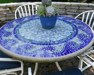 Mosaic Tile Top Patio Dining Table & 4 Chairs with Cushions