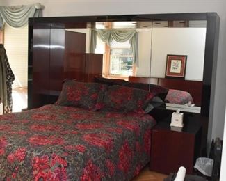 Contemporary Bed Unit with Overhead Lighting, Mirrored Back & Pair of Matching Nightstands