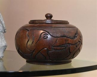 Wood Carved Covered Bowl with Elephant