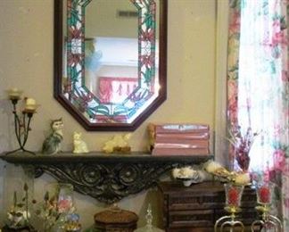 Shelf, mirror and lots of figurines