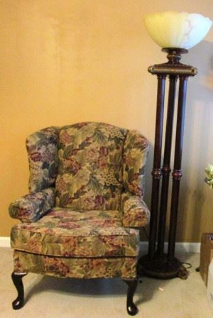 Wingback Chair and beautiful torchier lamp
