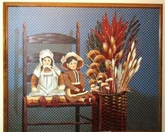 Large Huntington original folk art dolls oil on canvas signed painting.