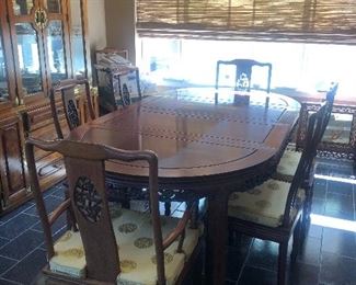 Vintage Carved Solid Rosewood Chinese Dining Table with 8 Chairs + Corner Chair