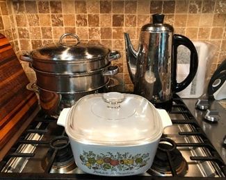 Corningware, percolator coffee maker, a pot that you need but I forgot the name of