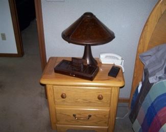OAK NIGHT STAND, ANOTHER MICA LAMP & MISC.