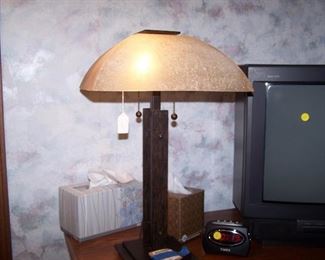 GREAT TABLE LAMP--IRIDESCENT GLASS SHADE