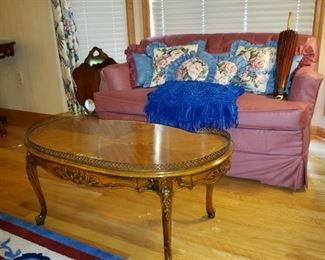 Vintage carved and inlaid walnut coffee table with brass gallery