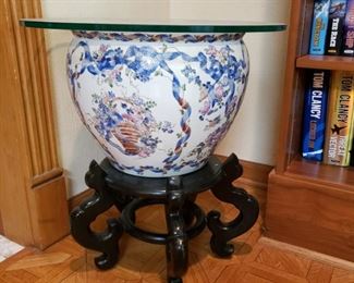 Chinese porcelain fish bowl on stand with glass top