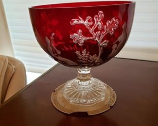 Magna Nemeth ruby red cut to clear pedestal bowl