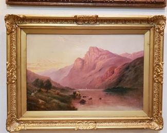 Late 19th century Sunset over mountain lake, signed with initials lower left ASW