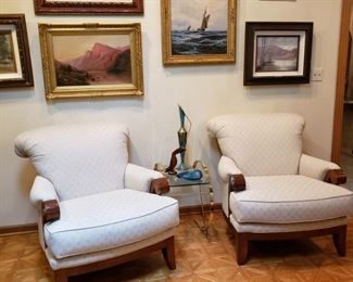 Pearson Furniture Co. upholstered rolled back armchairs with wood trim