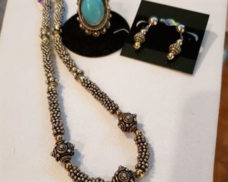 Sterling and gold necklace and earrings and a turquoise and sterling ring 