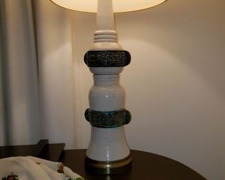 MCM tall turquoise and white pottery table lamp
