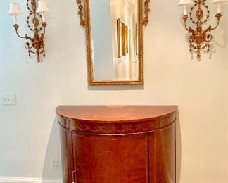 Demilune console and mirror and sconces