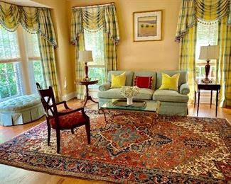 Hickory Chair sofa, Henredon glass top coffee table.  Custom Draperies.  Heriz rug (7'10" x 11'10") 