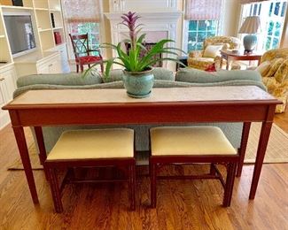 Custom sofa table with travertine insert top.  Scully & Scully benches