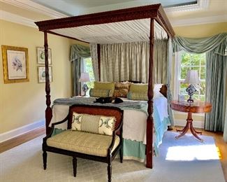 Four poster canopy bed, bench and side table