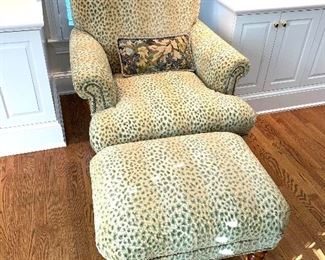 Pearson custom upholstered, nailhead arm chair and ottoman