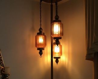 Wonderful vintage 3 light amber glass pole lamp