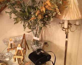 Stand lamp, floral in crystal, easels, and glass tables