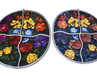 41. Pair Vintage Enameled Stained Glass Sections wFlowers