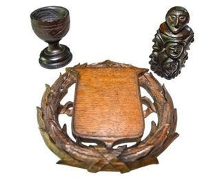 53. Three 3 Antique Hand Carved Wooden Objects PLAQUEFIGURECHALICE