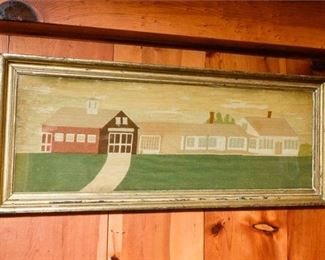 192. Vintage Framed Folk Art Needlepoint Country House