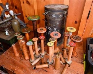 203. Lot of Vintage Wooden Mill Spindles Large Antique Flour Tin