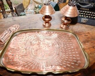 207. Vintage Copper Serving Tray wIndian Mold Pair Lamps