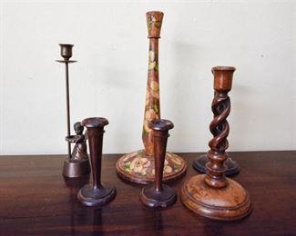 228. Nice Collection Antique Carved Wood Candle Holders
