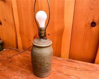 234. Fine Antique Pottery Crock wAdvertising Turned Into Lamp