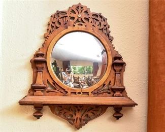 240. Antique Carved Wooden Wall Mirror wShelf