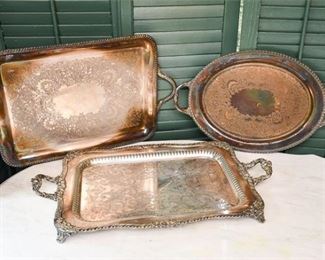 246. Three 3 Vintage Silver Plated Serving Trays wHandles