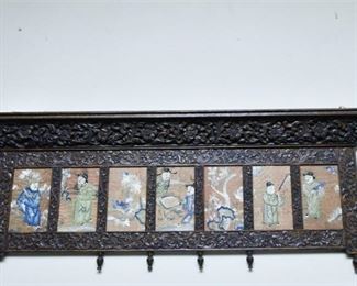 299. Antique Carved Oak Wall Shelf wChinese Silk Embroidered Panels