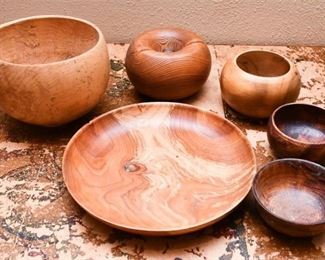 306. Collection Artisan Turned and Carved Wooden Bowls Serving Pieces