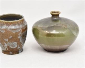 322. Two 2 Artisan Ceramic Vases wIrredescent Glaze