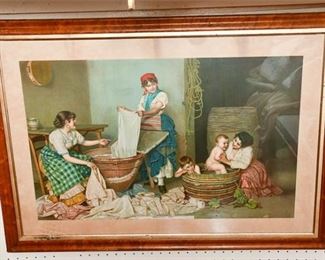 332. Color Antique Lithograph Washing Day wWood Gilt Frame