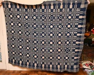 343. Vintage Blue White Hand Woven BlanketThrow