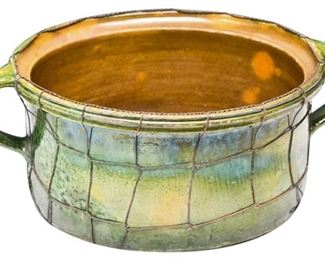 36. Unusual Antique Ceramic Cooking Pot wGreen Glaze