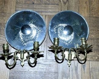 49. Pair Antique Brass Mirror Candlestick Wall Sconces