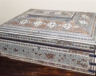 50. Vintage Middle Eastern Carved Wooden Jewelry Box wIvory Inlays and Decoration