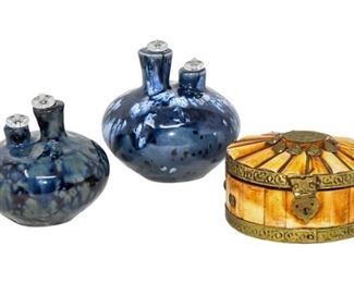 71. Wood and Brass Trinket Box and Two Pottery Oil Lamps