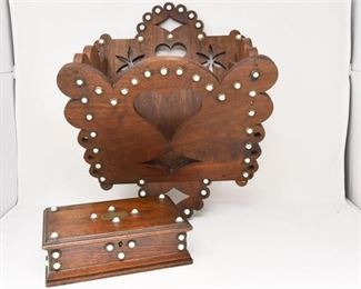 83. Nice Antique VICTORIAN Mahogany Wall Pocket wMatching Vanity Box