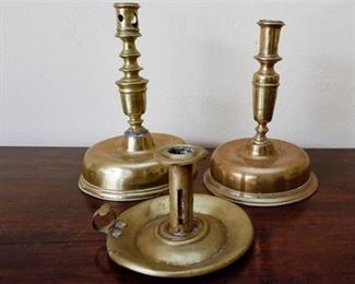 122. Three 3 Antique Brass Candlesticks wTurned Design