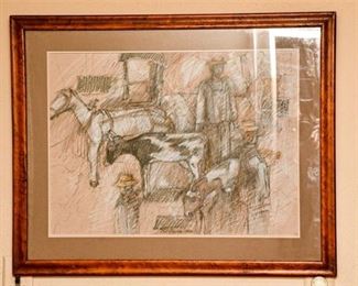 131. Framed Vintage Charcoal Pastle Post Modern Artwork