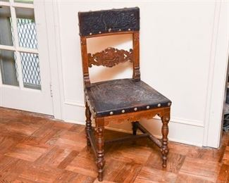 156. Single Antique Spanish Style Oak Side Chair wLeather Seat