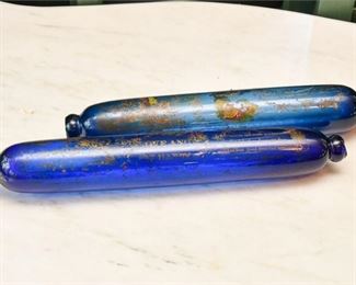 188. Pair Cobalt Blue Antique Victorian Glass Rolling Pins