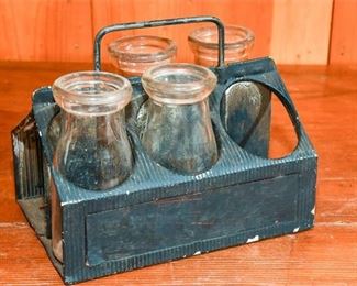 254. Antique Milk Bottles with Tin Carrier