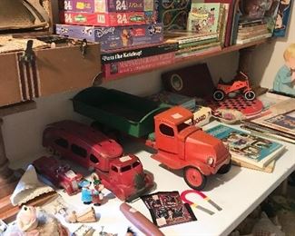 Vintage old trucks, games, books