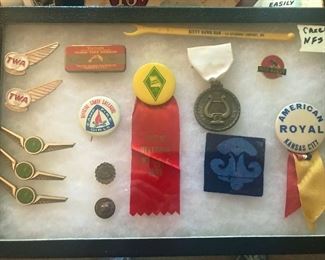 Various pins, TWA, Braniff, American Royal, Victrola needle tin,